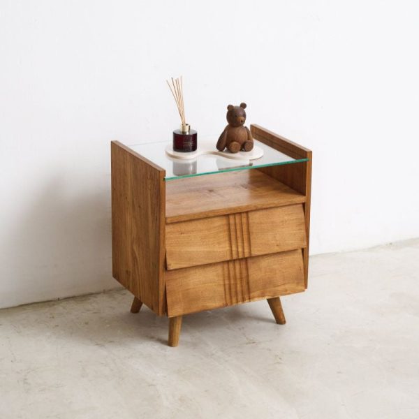 Retro Fluted Bedside Table (2 Drawers, Glass Top)