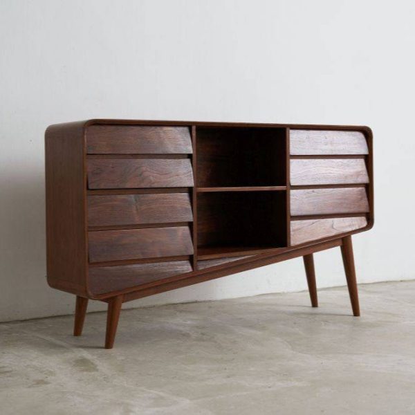 Midcentury Modern Slanted Sideboard - Teak Wood Storage Cabinet with Drawers & Shelves (Pre-Order)