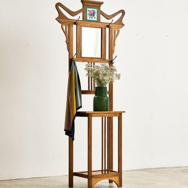 Antique Dutch Colonial Standing Coat Rack with Hand-Painted Tile | Vintage Hall Stand