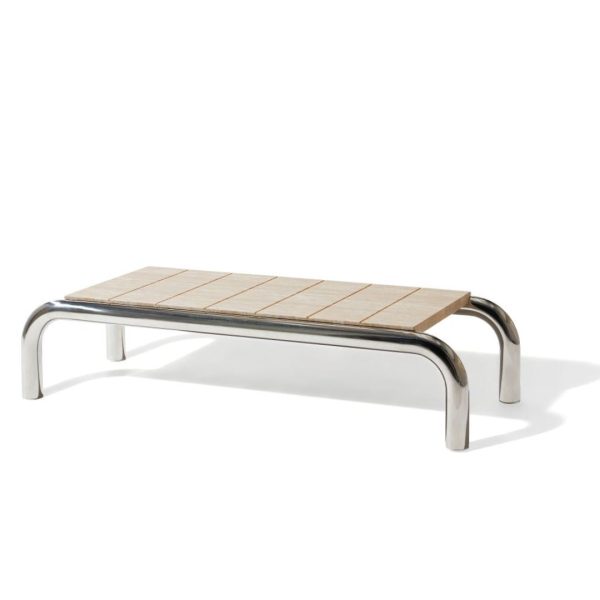 United Strangers Rudolph Coffee Table - Pre-Order Matte Ivory Travertine Marble with Polished Stainless Steel Frame